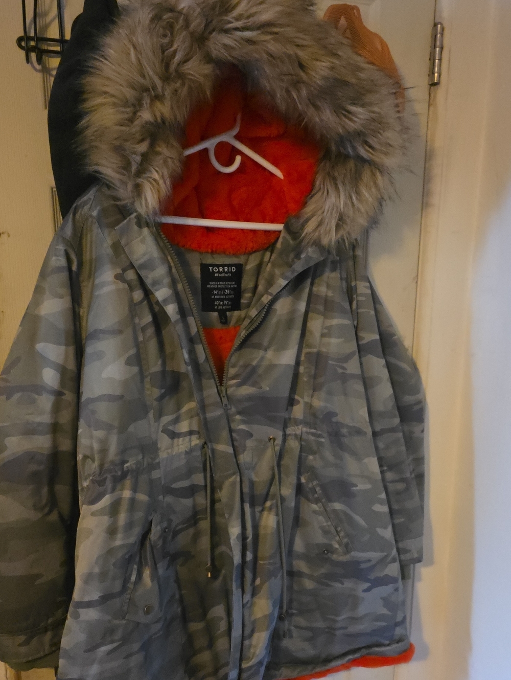 torrid Gray Camo Parka with Orange Lining and Faux Fur Hood